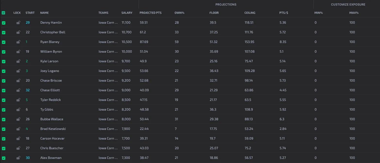 NASCAR DFS optimizer player pool with projections on Seeking Optimal